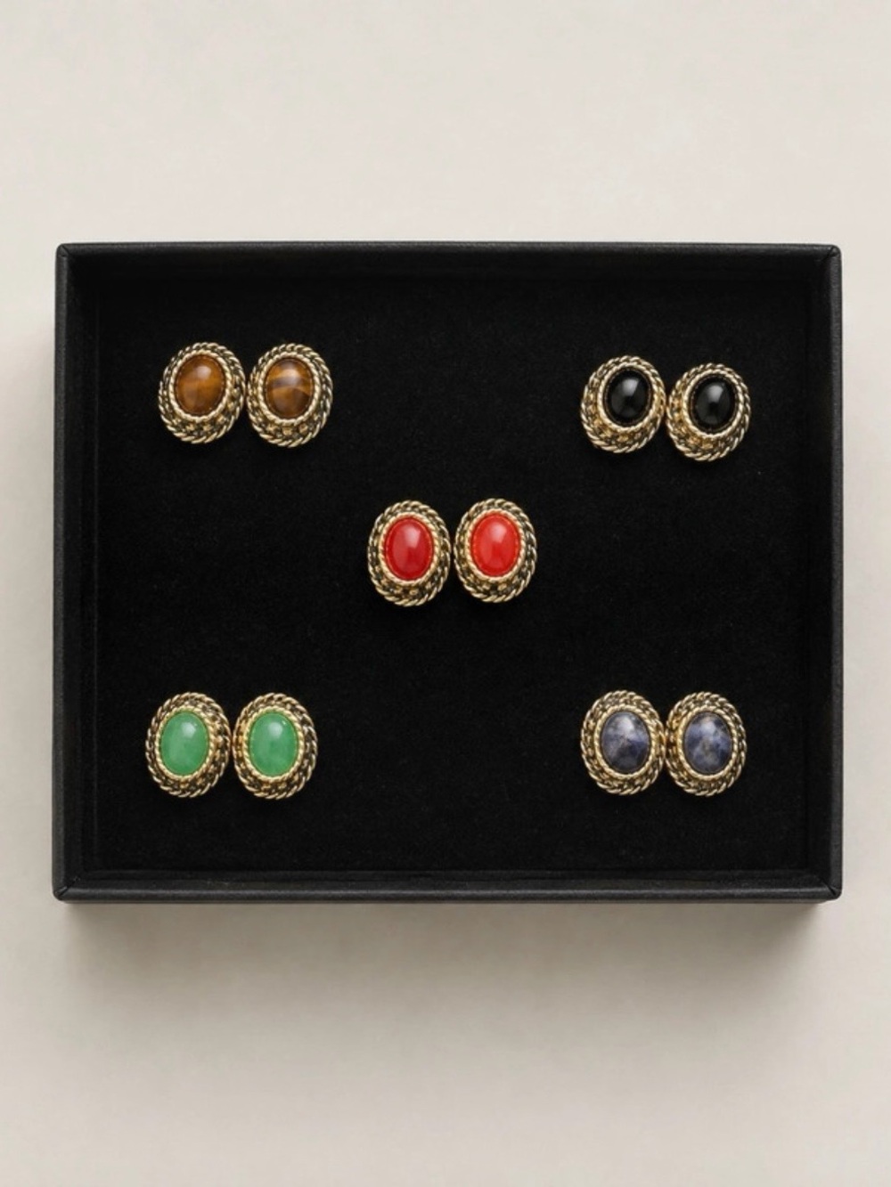 5 Pair Vintage Style Oval Stud Earrings Multicolor Gold Tone Bundle